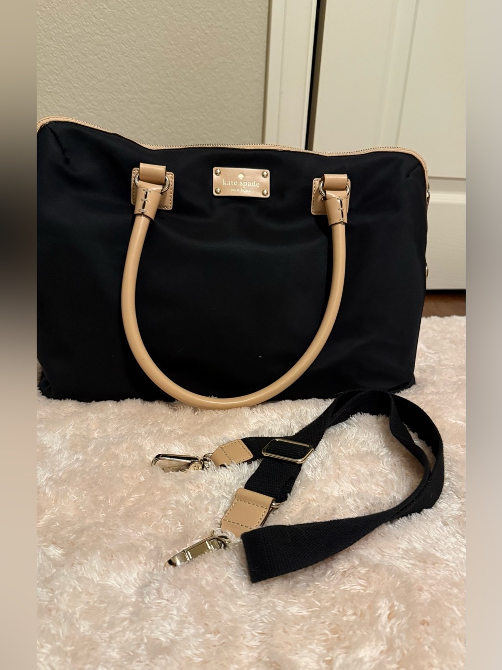 kate spade Black and Tan Nylon Satchel with Beige Leather Trim and Strap